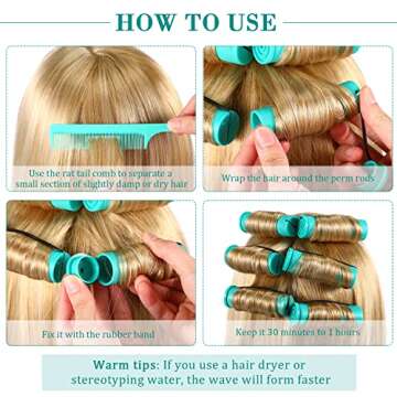 48 Pieces Cold Wave Plastic Curlers with Pintail Comb and Steel Rat Tail Comb for Hairdressing Styling (Green, 0.98 Inch/ 2.5 cm)