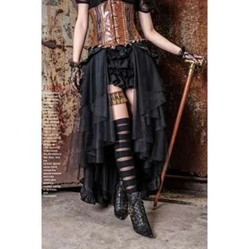 HaoLin Steampunk Retro Victorian Punk Cincher Lace up Long Ruffle Pencil Skirt Black