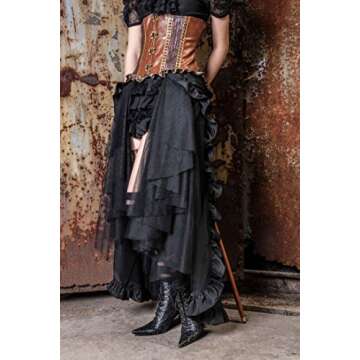 HaoLin Steampunk Retro Victorian Punk Cincher Lace up Long Ruffle Pencil Skirt Black