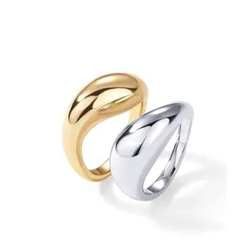 PAVOI 14K Gold Plated Mixed Metal Chunky Two Tone Wavy Dome Ring Pack for Women | Statement Ring Set | Size 9