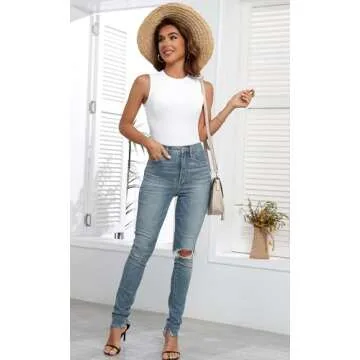 AUHEGN Womens Tank Tops Summer Sleeveless Racerback Casual Basic Ribbed Shirts White Small