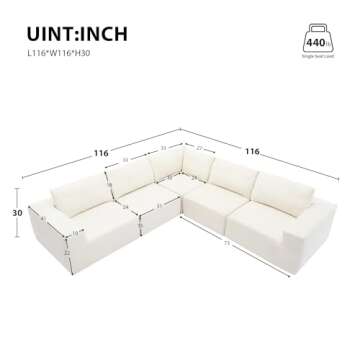 DEINPPA Minimalist Style Modular Sectional Sofa, Terry Cloth Fabric L Shape Cloud Couch, Sleeper Sof...