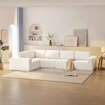 DEINPPA Minimalist Style Modular Sectional Sofa, Terry Cloth Fabric L Shape Cloud Couch, Sleeper Sofa Bed for Living Room, No Assembly Require-Beige