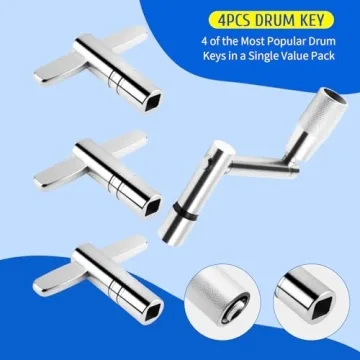 Drum Key Drill Bit Set of 4, 3 Standard Square Lug Drum Key and 1 Fast Rotary Drum Keys for Tuning Drums, Stainless Steels Drum Tuning Key
