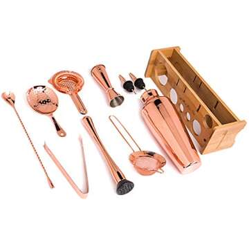 Jillmo Pro Martini Bartender Kit Copper Coated Rose Gold Stainless Steel Bar Set with Bamboo Stand - 19 oz Parisian Gold Cocktail Shaker with Bar Accessories …