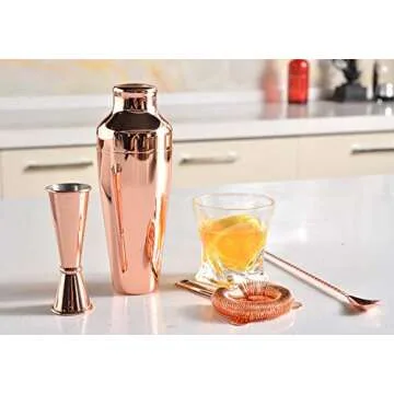 Jillmo Pro Martini Bartender Kit Copper Coated Rose Gold Stainless Steel Bar Set with Bamboo Stand - 19 oz Parisian Gold Cocktail Shaker with Bar Accessories …