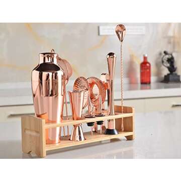 Jillmo Pro Martini Bartender Kit Copper Coated Rose Gold Stainless Steel Bar Set with Bamboo Stand - 19 oz Parisian Gold Cocktail Shaker with Bar Accessories …