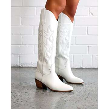 Richealnana Knee High Boots Western Cowboy Boots for Women Wide Calf Embroidered Pointed Toe Block Heel Pull-On Cowgirl Boots White Size 10