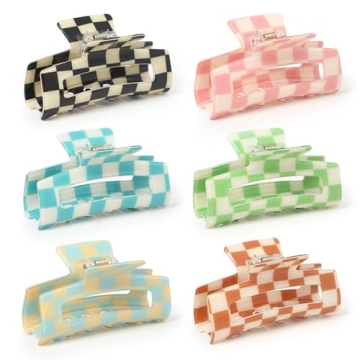 Paderison Checkered Multicolored Rectangle Y2K Hair Barrettes and Claw Clips - 6 Pcs Strong Hold Hai...