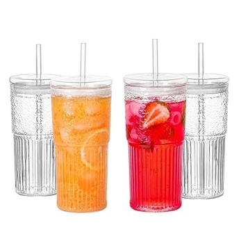 QWEZXO Stylish 20 OZ Glass Tumbler Set with Lids & Straws, 4pcs High Borosilicate Glassware