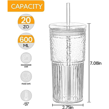 QWEZXO Stylish Glass Cups Set with Lids and Straws 20 OZ