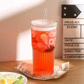 QWEZXO Stylish Glass Cups Set with Lids and Straws 20 OZ