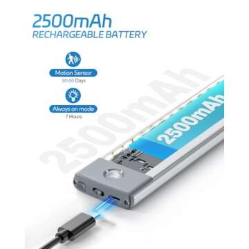 HIBOITEC 60 LED Under Cabinet Lighting 2 Packs, Stepless Dimming Motion Sensor Light Indoor, 3 Color Tempera Wireless Closet Lights, 2500mAh Rechargeable Battery Operated Light for Kitchen, Hallway