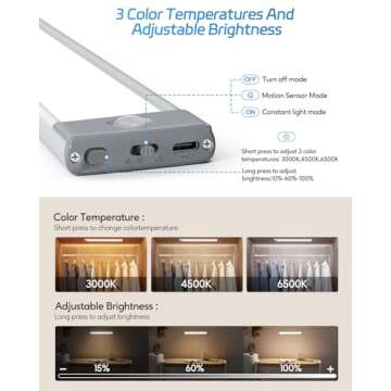 HIBOITEC 60 LED Under Cabinet Lighting 2 Packs, Stepless Dimming Motion Sensor Light Indoor, 3 Color Tempera Wireless Closet Lights, 2500mAh Rechargeable Battery Operated Light for Kitchen, Hallway