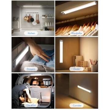 HIBOITEC 60 LED Under Cabinet Lighting 2 Packs, Stepless Dimming Motion Sensor Light Indoor, 3 Color Tempera Wireless Closet Lights, 2500mAh Rechargeable Battery Operated Light for Kitchen, Hallway