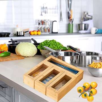 Zzen Bamboo Bag Storage Organizer - Bamboo Food Plastic Baggie Holder, Dispenser and Container for Kitchen Drawer and Cabinet - Fits Ziplock and Ziploc Gallon, Quart, Sandwich