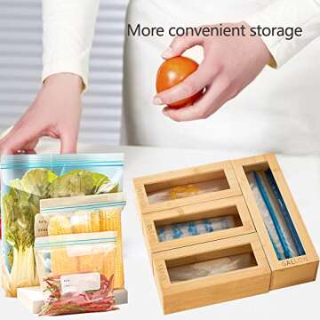 Zzen Bamboo Bag Storage Organizer - Bamboo Food Plastic Baggie Holder, Dispenser and Container for Kitchen Drawer and Cabinet - Fits Ziplock and Ziploc Gallon, Quart, Sandwich