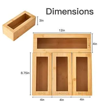 Zzen Bamboo Bag Storage Organizer - Bamboo Food Plastic Baggie Holder, Dispenser and Container for Kitchen Drawer and Cabinet - Fits Ziplock and Ziploc Gallon, Quart, Sandwich