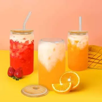 GIVAMEIHF Drinking Glasses with Bamboo Lids and Glass Straw 12pcs,16oz Glass Cups with Lids and Straws,Iced Coffee Glasses,Cute Tumbler Cups for Soda,Coffee Cups