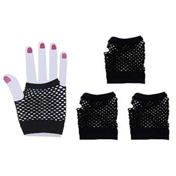 PENTA ANGEL 2 Pairs Black Nylon Fingerless Fishnet Gloves Wrist Stretch Mesh Gloves for 80's Theme Party Women Costume Accessories(Short-Black)