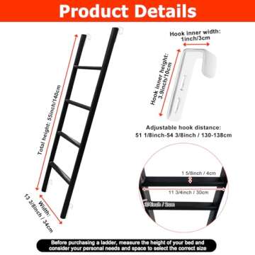 RV Bunk Bed Ladder, 55" Interior Adjustable Travel Trailer Twin Bed Step Ladders with 4 Hooks and Foot Caps, Heavy Duty Metal Dorm loft Camper Ladders, Portable Stairs Steps, Load 330 LBS