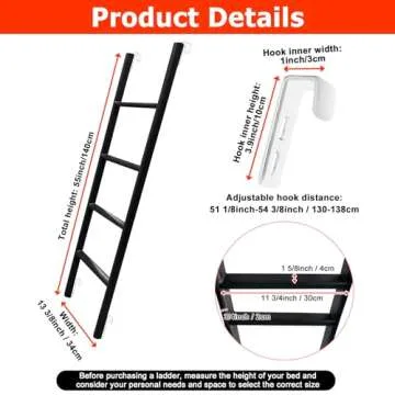 RV Bunk Bed Ladder, 55" Interior Adjustable Travel Trailer Twin Bed Step Ladders with 4 Hooks and Foot Caps, Heavy Duty Metal Dorm loft Camper Ladders, Portable Stairs Steps, Load 330 LBS