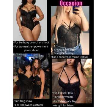 Kaei&Shi Plus Size Lingerie For Women,Sheer Lace Sexy V Neck Bodysuit,Eyelash One Piece Floral Teddy Valentine Wine Red 3X-Large