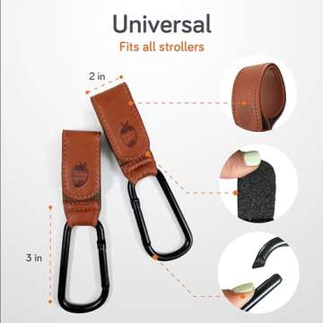 Baby Uma Stroller Hooks for Bags (2 Pack) - Leather-Style Stroller Clips and Hooks, Non-Slip Stroller Accessories, Carry 11 lbs Per Stroller Hook, Universal Baby Essentials & Stroller Accessories
