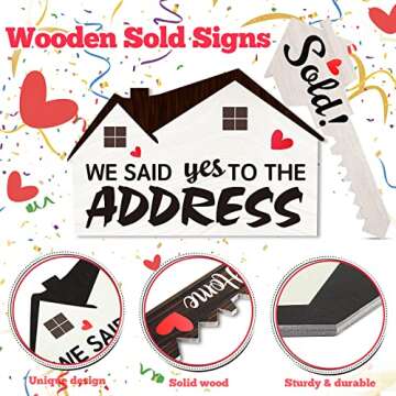 2 PCS Real Estate Sold Signs, Wooden We Said Yes to the Address Sign House Shaped and Home Sweet Home Key Shaped Prop Signs, Social Media Photo Props, Closing Gifts for Homeowner Realtors Supplies