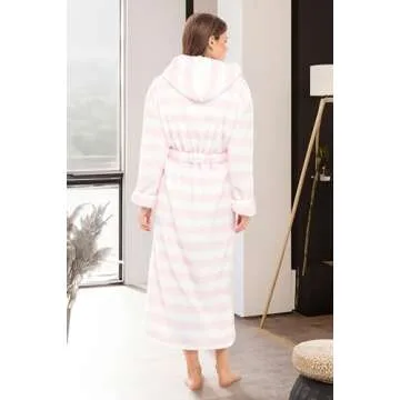 Alexander Del Rossa Womens Fluffy Robe, Fuzzy Robe for Women, Long Hooded Robes for Women, Plus Size Robe Pastel Stripes Medium (A0304P10MD)