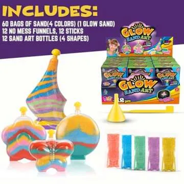 Create Your Own Magic Sand Art Glitter Activity | Glow in the Dark Colored Custom Sand Kits for Kids - Includes 12 Bottles, Funnels, Sticks, 60 Bags of Colorful Sand | DIY Arts and Crafts (12 Pack)