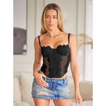 Dealmore Corset Tops For Women Going Out Lace Mesh Date Night Spaghetti Strap Party Club Fall Outfits Clothes Fashion 2025 Black X-Large