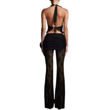 Women’s High Waist Rave Mesh Sheer Pants Flared Bell Bottom Pants for Rave Festival Dance Clubwear