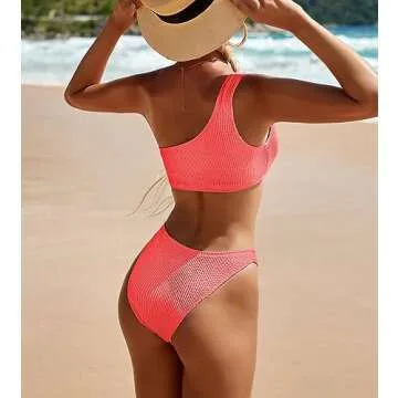 YIMISAN Womens Bikini Sets One Shoulder Top with Low Waisted Tankini Two Piece Bathing Suit Coral Pink