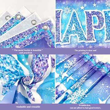 Large Christmas Snowflake Happy Birthday Banner- Snowflake Birthday Party Supplies with 18 Pieces Balloons Girls Elsa and Anna Birthday Backdrop Yard Sign Princess Theme Birthday Party Decorations