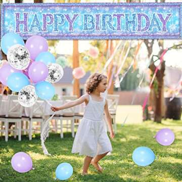 Large Christmas Snowflake Happy Birthday Banner- Snowflake Birthday Party Supplies with 18 Pieces Balloons Girls Elsa and Anna Birthday Backdrop Yard Sign Princess Theme Birthday Party Decorations