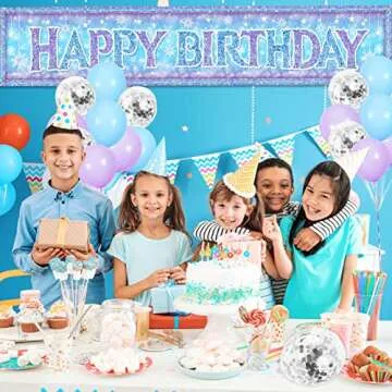 Large Christmas Snowflake Happy Birthday Banner- Snowflake Birthday Party Supplies with 18 Pieces Balloons Girls Elsa and Anna Birthday Backdrop Yard Sign Princess Theme Birthday Party Decorations