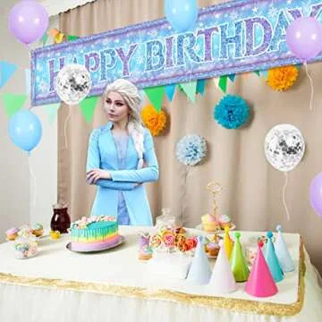 Large Christmas Snowflake Happy Birthday Banner- Snowflake Birthday Party Supplies with 18 Pieces Balloons Girls Elsa and Anna Birthday Backdrop Yard Sign Princess Theme Birthday Party Decorations