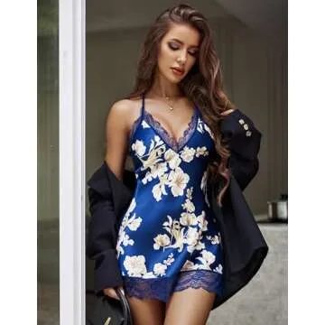 Avidlove Sexy Lingerie for Woman Lace Babydoll Lingerie Set (Large, Navy Blue Floral)