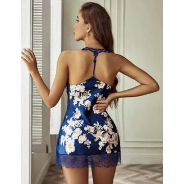 Avidlove Sexy Lingerie for Woman Lace Babydoll Lingerie Set (Large, Navy Blue Floral)
