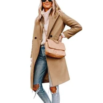 Tanming Women's Notch Lapel Double Breasted Wool Blend Mid Long Pea Trench Coat (Khaki-XS)