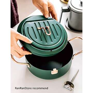 RANRAN RanRanStore Japanese Tempura Deep Fryer Pot with a Thermometer gauge lid 9.5 inch 3200ml 3.4 Quart Carbon Steel with Nonstick Coating Fried tempurachickenfishshrimp Great Fryer Pot (Black)