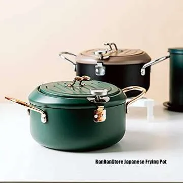 RANRAN RanRanStore Japanese Tempura Deep Fryer Pot with a Thermometer gauge lid 9.5 inch 3200ml 3.4 Quart Carbon Steel with Nonstick Coating Fried tempurachickenfishshrimp Great Fryer Pot (Black)