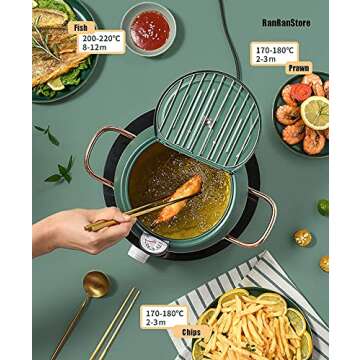 RANRAN RanRanStore Japanese Tempura Deep Fryer Pot with a Thermometer gauge lid 9.5 inch 3200ml 3.4 Quart Carbon Steel with Nonstick Coating Fried tempurachickenfishshrimp Great Fryer Pot (Black)