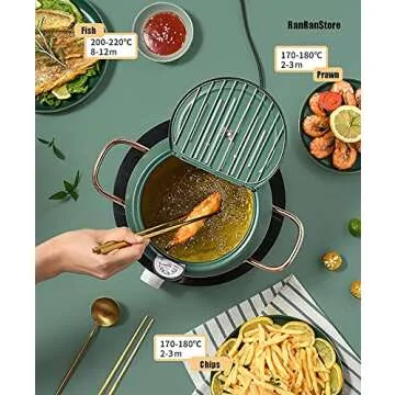 RANRAN RanRanStore Japanese Tempura Deep Fryer Pot with a Thermometer gauge lid 9.5 inch 3200ml 3.4 Quart Carbon Steel with Nonstick Coating Fried tempurachickenfishshrimp Great Fryer Pot (Black)