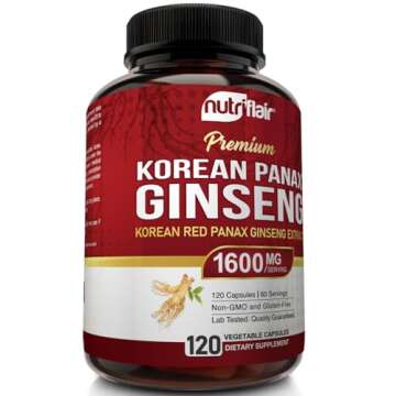 NutriFlair Korean Red Panax Ginseng 1600mg, 120 Vegan Capsules - 5% Ginsenosides