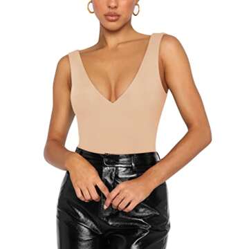 REORIA Women's Summer Sexy Plunge Deep V Neck Sleeveless Double Lined One Piece Tank Tops Thong Bodysuits Leotards for Going Out Nude Plus Size 2X-Large
