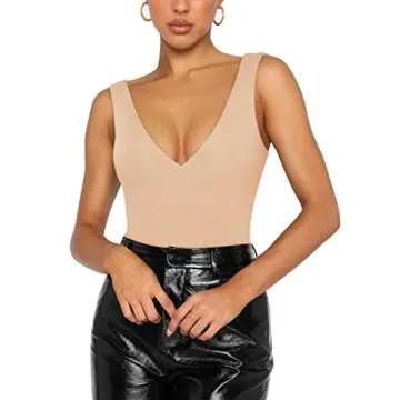 REORIA Women's Summer Sexy Plunge Deep V Neck Sleeveless Double Lined One Piece Tank Tops Thong Bodysuits Leotards for Going Out Nude Plus Size 2X-Large