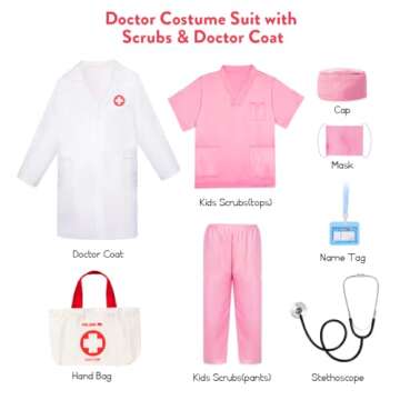Meland Doctor Costume for Girls - Kids Scrubs with Lab Coat & Carry Bag, Doctor Dress Up for Hallowe...