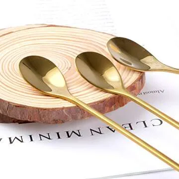 ANYI16 Long Handle Tea Coffee Spoons Set, 7.5" Stainless Steel Gold Leaf Teaspoons for Iced Tea, Coffee, Ice Cream, Dessert